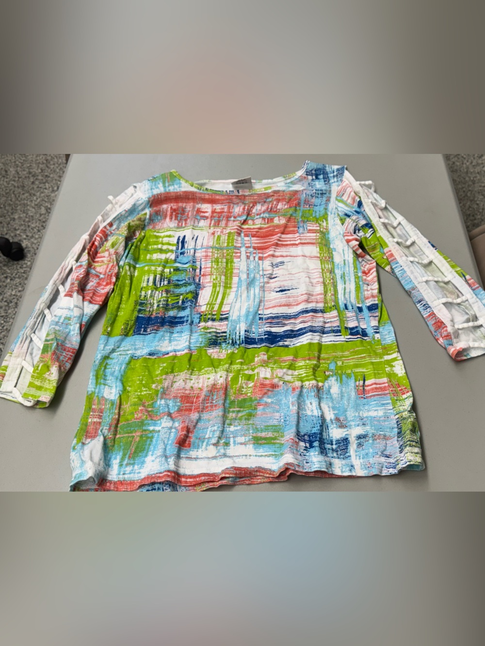 CMC Abstract Brushstroke Long Sleeve Tee in Green & Blue & Orange shirt top